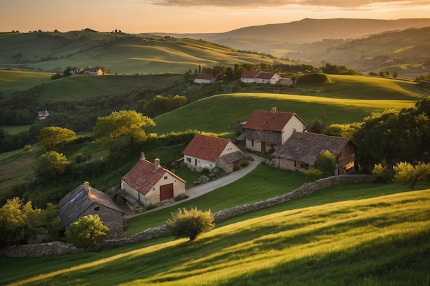 Warm sunset over a rolling hills village