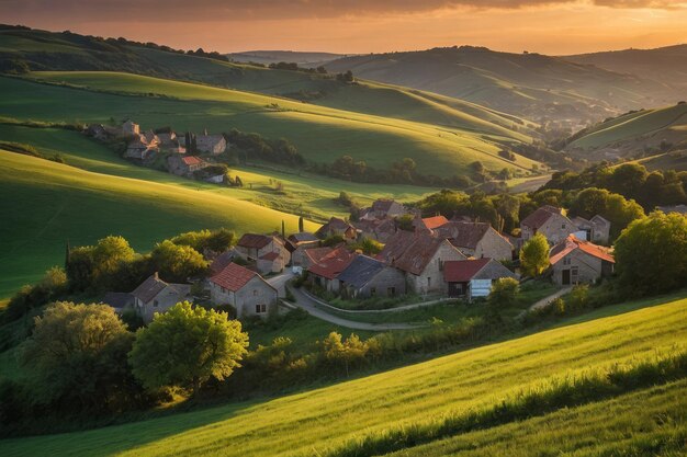 Warm sunset over a rolling hills village