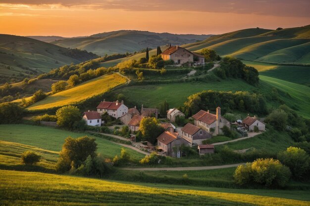 Foto caldo tramonto su un villaggio di colline