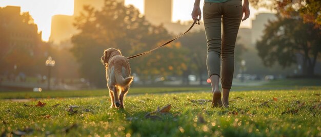 Warm sunset walk with a fluffy dog in the park