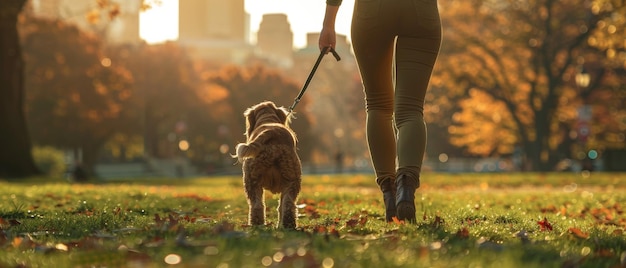 Warm sunset walk with a fluffy dog in the park