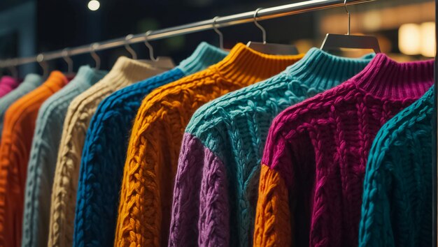 теплые свитеры на вешалке в магазине