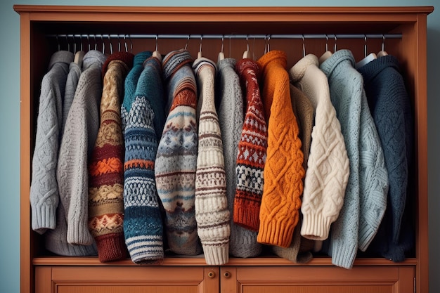 The warm sweaters that have been knitted are now placed on the dresser in my house