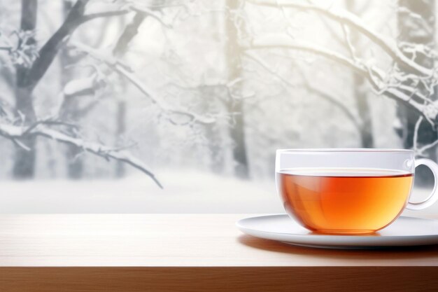 Warm tea by the window a winter outside holiday mood text space