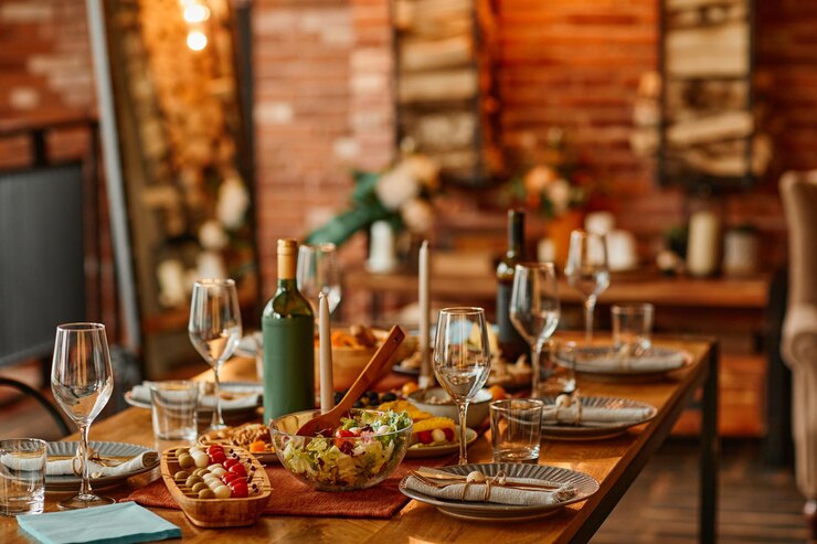 Photo warm toned background image of wooden dinner table set with dishes for cozy cabin party