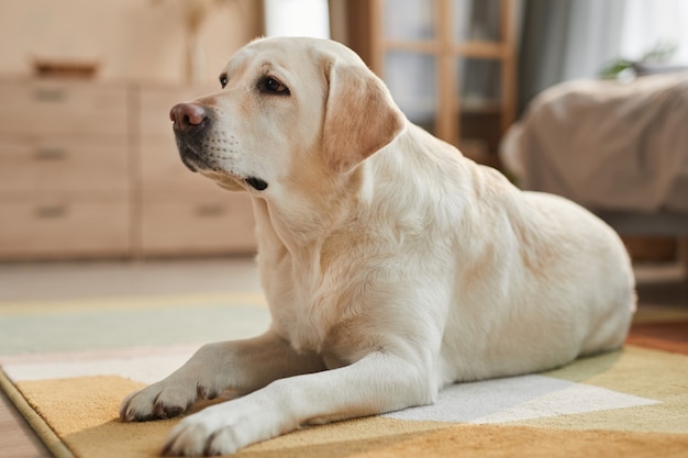 Warm toned portrait of white Labrador dog lying on carpet in cozy home interior lit by sunlight, copy space