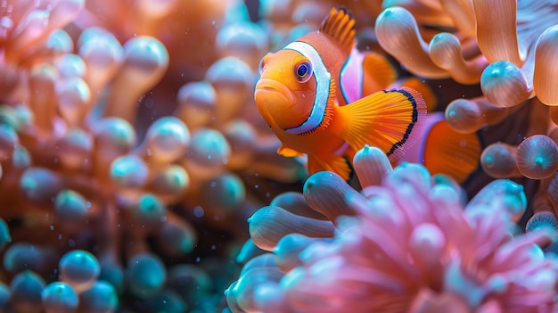 Photo the warm tropical waters of guam usa are home to pink anemone fish among a patch of blue anemones