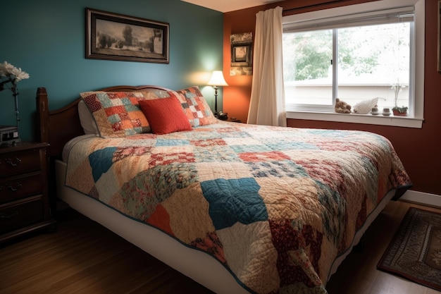 Warm welcoming home with freshly laundered linens and cozy quilt created with generative ai