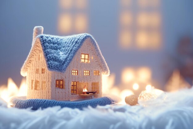 暖かい冬の住まい 魅力的な編み物の家 ぼんやりした冬の景色の中