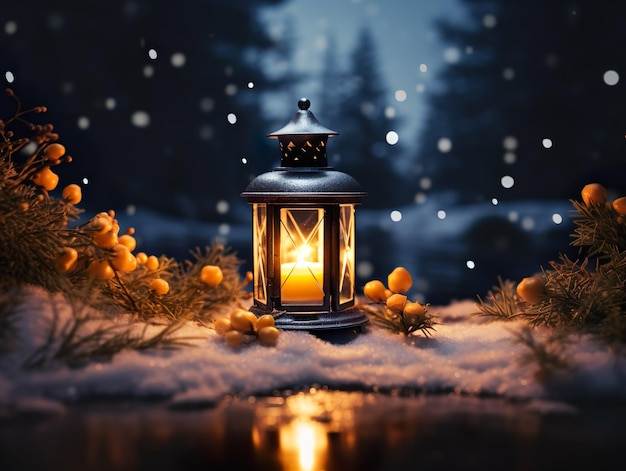 Warm winter lantern glowing on the snow generative ai