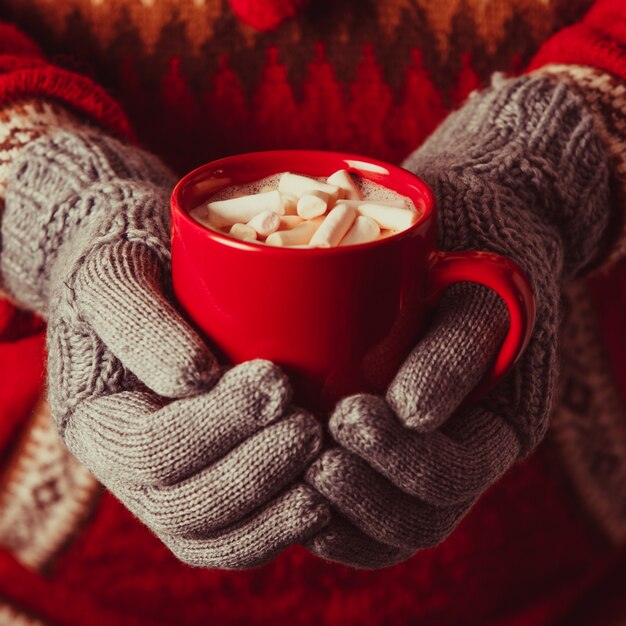 Warm winter photo which hands in knitted gloves holding a mug cocoa with marshmallow