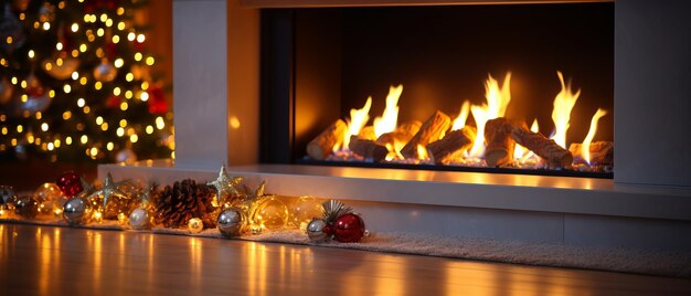 Warm winter vibes fireplace with christmas decorations in a cozy home interior