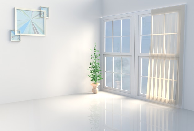 Warm witte kamerinrichting. De zon schijnt door het raam in de schaduw. 3D render.