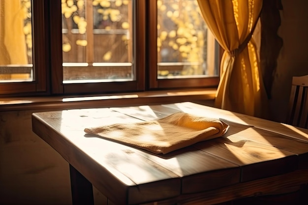 Warm wooden table and napkin with a view to the window