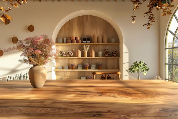 Warm zonlicht Moderne keukeninterieur met open planken Decoratieve vaas en elegante houten afwerkingen