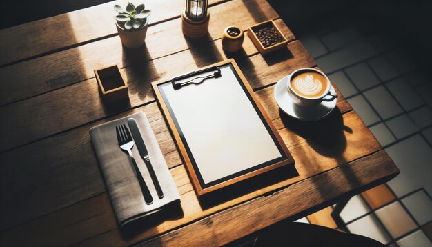 Warm zonlicht op een café tafel met een clipboard menu en latte kunst Gastvrijheid en service concept Generatieve AI