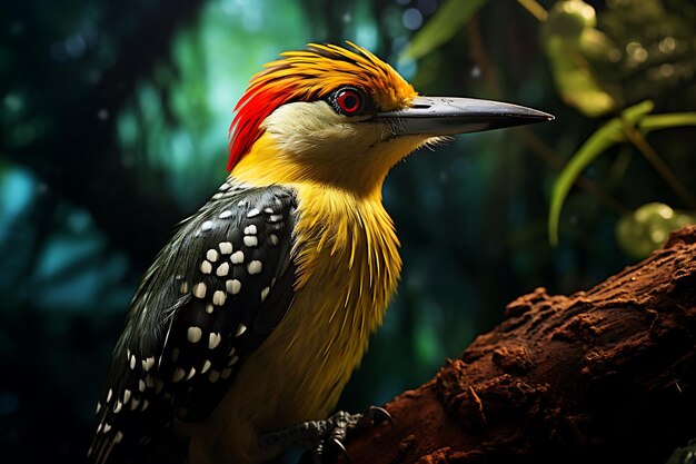 Warmcolored Woodpecker perched on a branch on a damp Rainforest