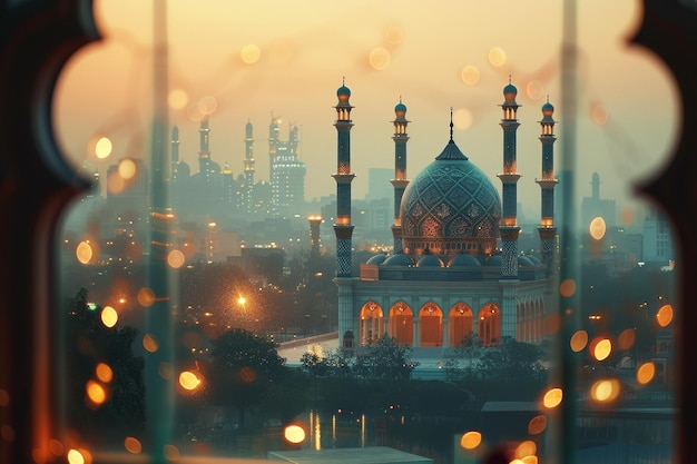 Warme avondglans op de moskee met Bokeh-verlichting door het raam