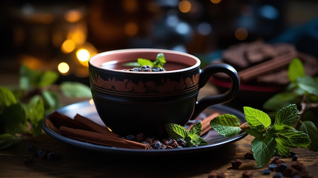 Warme chocolade met munt en cacao in een elegante beker op een rustieke houten tafel Generatieve AI