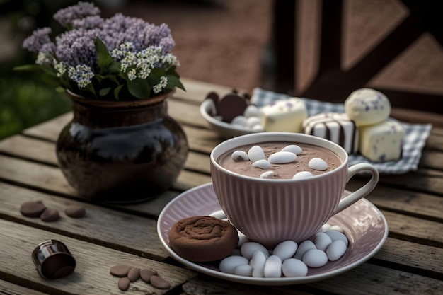 Warme chocolademelk cacao met slagroom op een houten tafel Generatieve AI