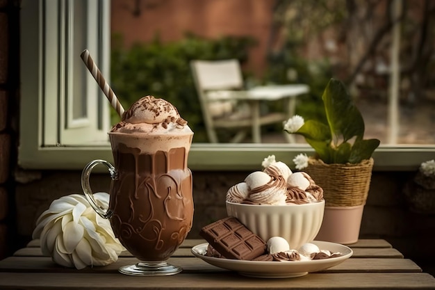 Warme chocolademelk cacao met slagroom op een houten tafel Generatieve AI