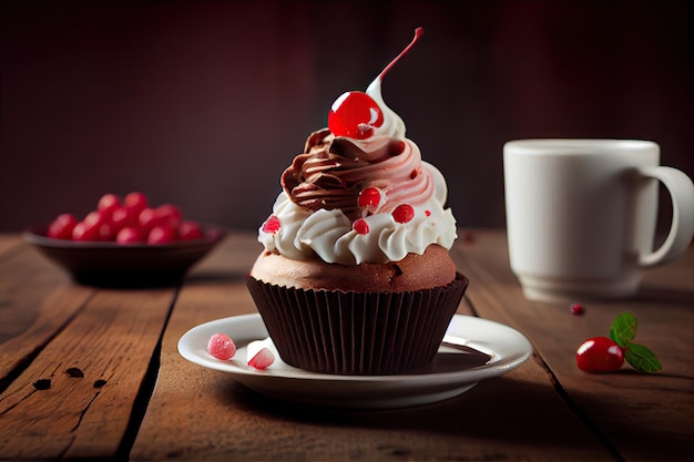 Warme chocolademelk cupcake met room en rode bessen in patisserie