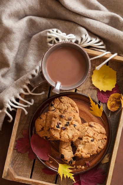 Warme chocolademelk drank wol gooien gezellige herfstbladeren koekjes