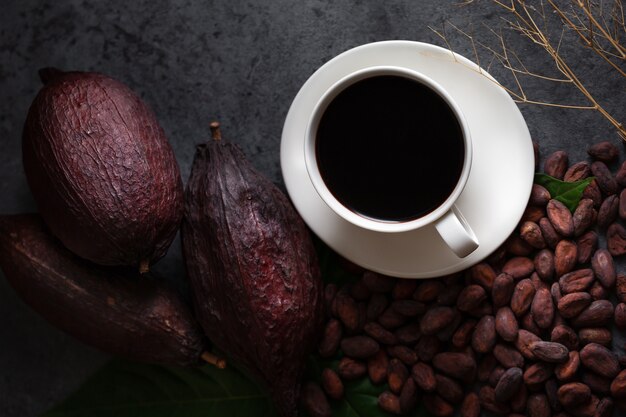 Warme chocolademelk en cacaopoeder snijden de cacaobonen bloot op een donkere tafel