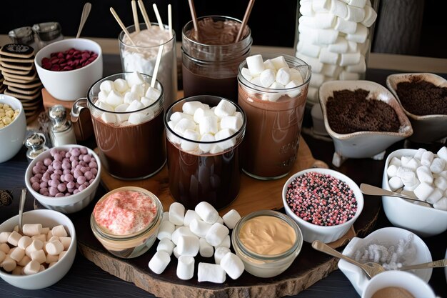 Warme chocolademelk en cacaoreep met een verscheidenheid aan toppings, waaronder marshmallows, hagelslag en kaneel