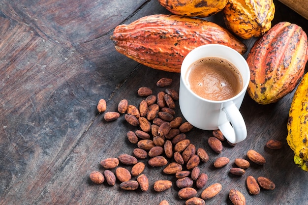 Warme chocolademelk in de ochtend met cacao en rauwe cacaobolletjes.