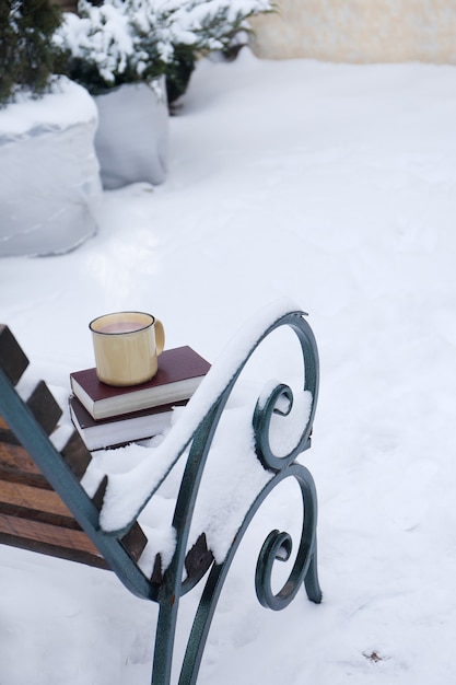 Warme chocolademelk in een kopje op de boeken in de wintertuin. plaats voor privacy en ontspanning.