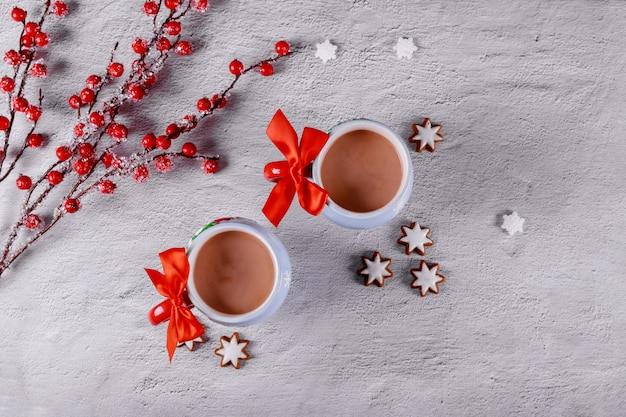 Warme chocolademelk in mokken met gemberkoekjes