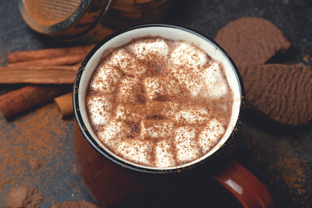 Warme chocolademelk met kaneel in een mok