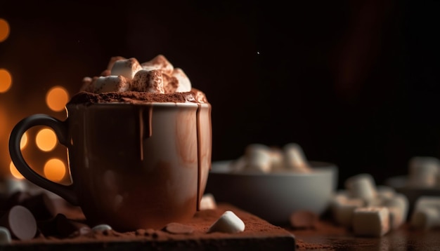 Warme chocolademelk met marshmallow en pure chocoladekoekje op tafel gegenereerd door kunstmatige intelligentie