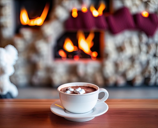 warme chocolademelk met marshmallows in een kopje op een houten tafel