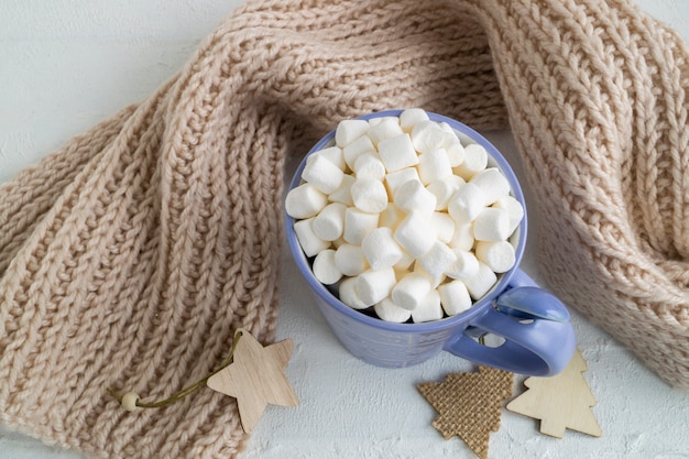 Warme chocolademelk met marshmallows in een lila Cup