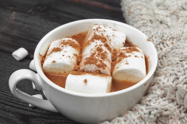 Warme chocolademelk met marshmallows op de tafel