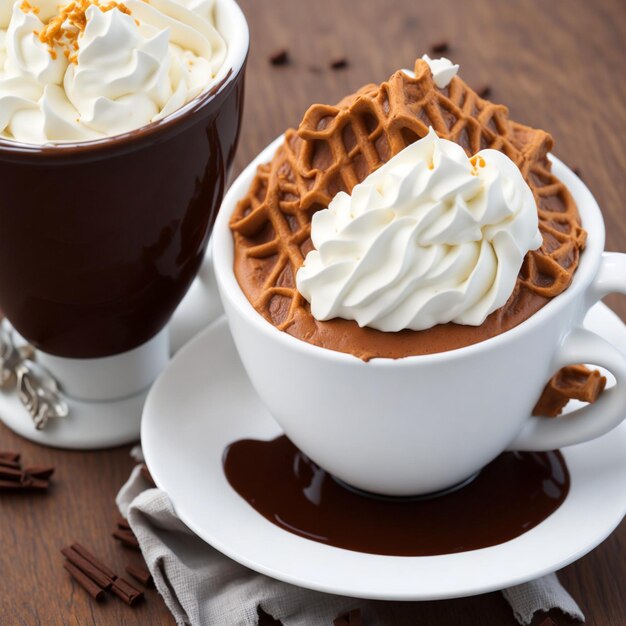 Warme chocolademelk met slagroom en wafel