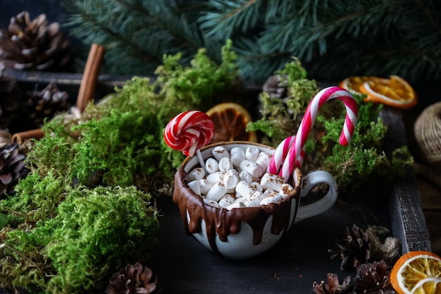 Warme chocolademelk of cacao met marshmallow en lolly zoete snoepjes Kerstdecoratie met dennenboom droge sinaasappelen kaneel gezellige wintervakantie ochtend concept selectieve aandacht