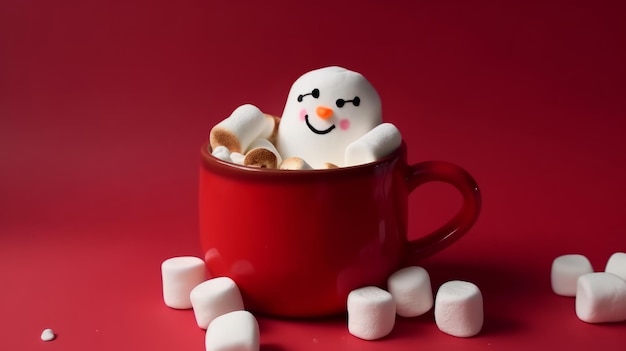 Warme chocolademok met gesmolten marshmallows sneeuwpop Illustratie AI Generatief