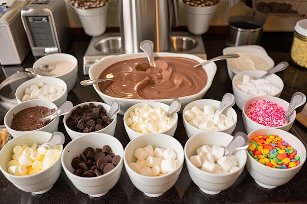 Warme chocoladereep met verschillende soorten toppings, waaronder marshmallows, hagelslag en chocoladeschilfers