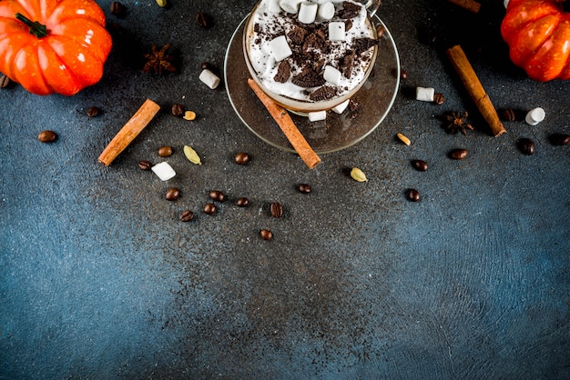 Warme dranken in de herfst, warme chocolademelk, pompoen latte, karamel en pindakoffie latte, glühwein