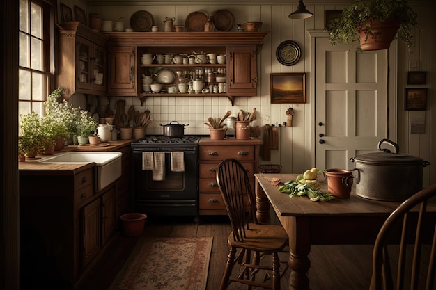 Warme en gezellige boerenkeuken met antiek decor houten kasten en gietijzeren kookgerei