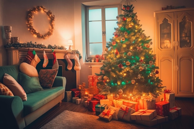 Warme en knusse kamer met een prachtig versierde kerstboom en kleurrijke cadeautjes