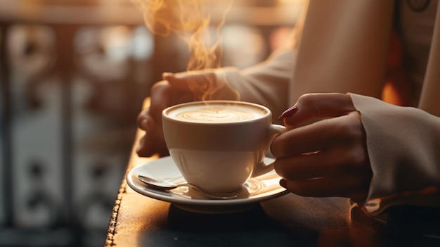 Warme espresso in de hand van een vrouw in het café in de ochtend