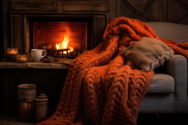 Foto warme gebreide deken bij een knarrende open haard