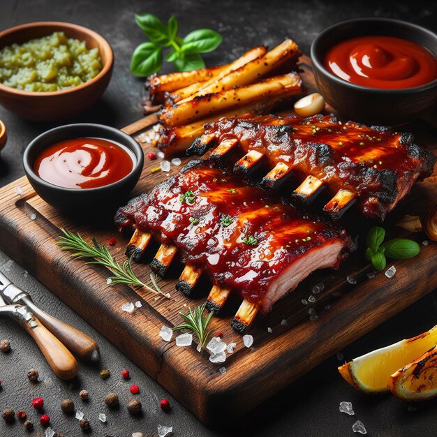 Warme gegrilde reserve ribben met barbecue saus op snijplank en zwarte achtergrond