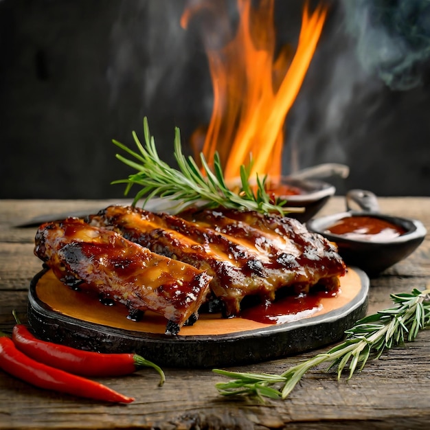 Foto warme gegrilde ribben met barbecue saus met vuur.