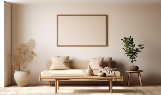 Warme gezellige woonkamer beige interieur met mock up poster frame sjabloon op muur comfortabele sofa fab