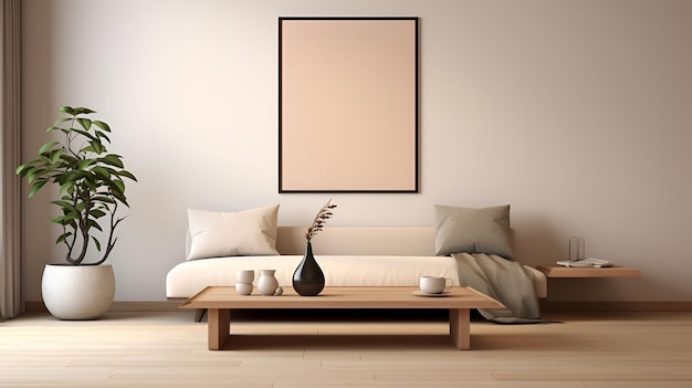 Warme, gezellige woonkamer beige interieur met mock-up posterframe sjabloon op de muur comfortabele bank stoffen bank houten salontafel vazen bloempot raamlicht schoon minimaal appartement te huur